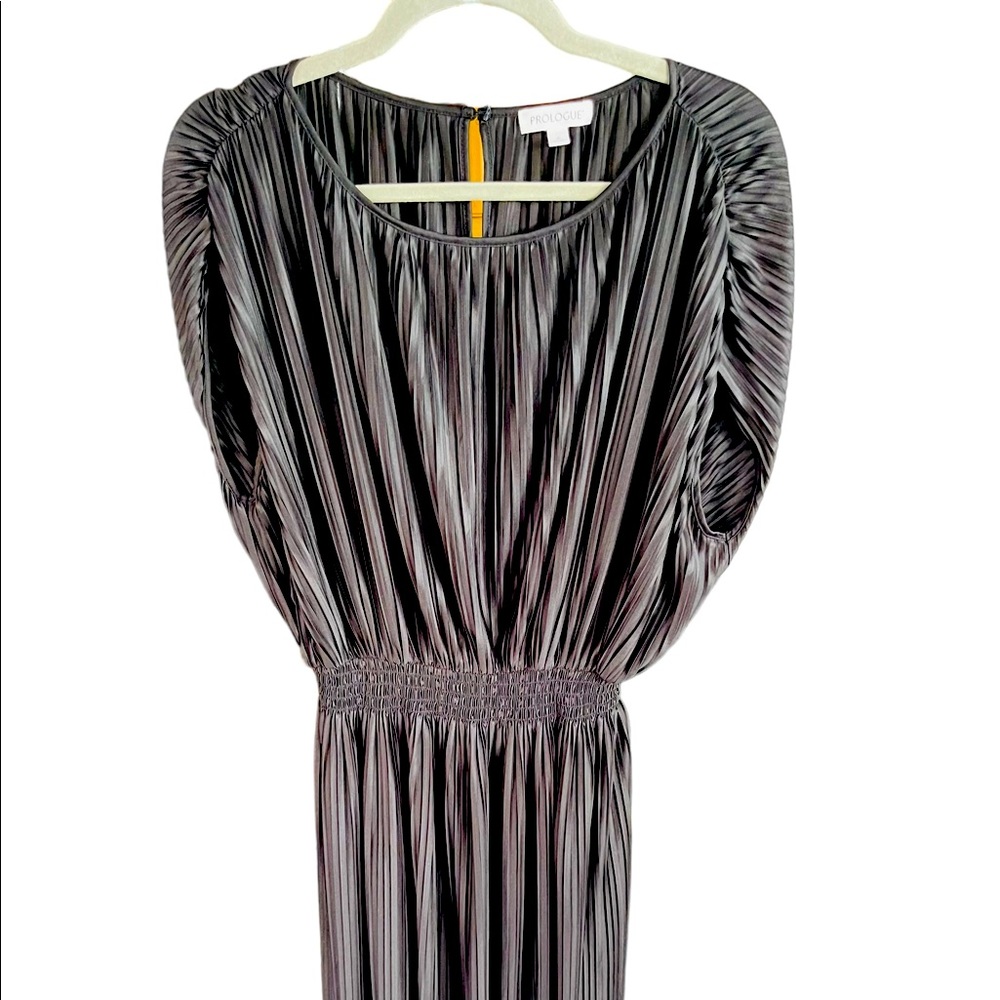 Prologue Pleated Black Satin Mini Dress | Short Sleeve | Size S | Pockets